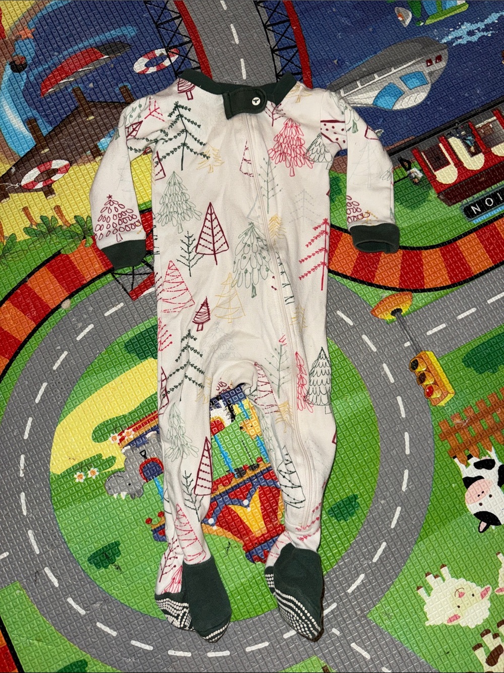 Holiday White Footed Kids One-Piece with Multi-Tree Print